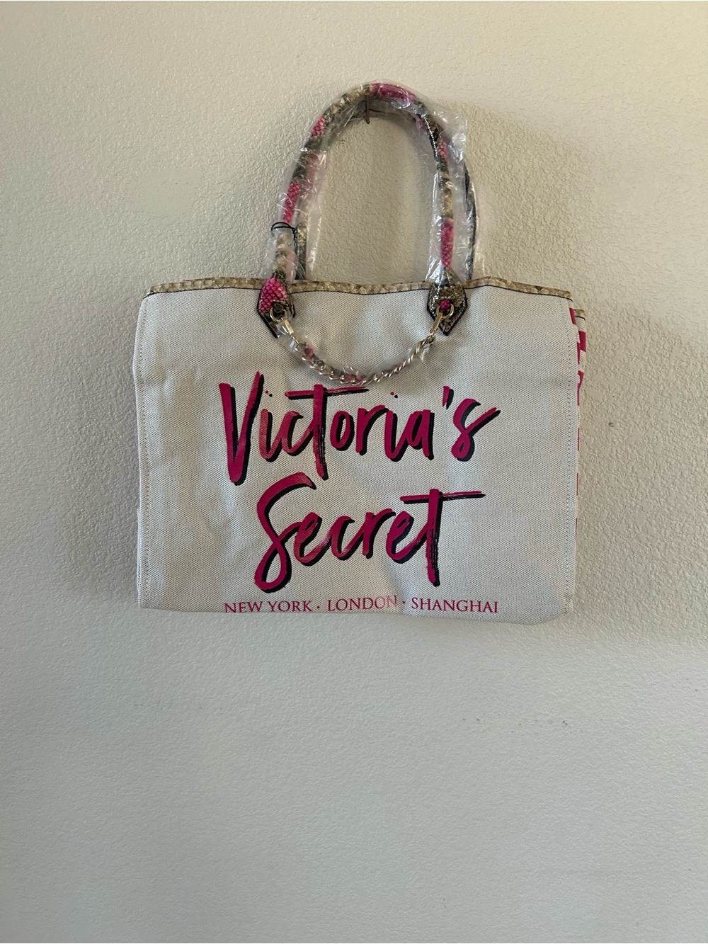 Victoria's Secret White Canvas Tote with Pink Logo
